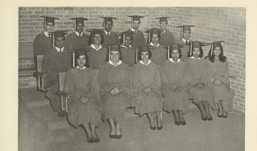 ‘The Senior Class of 1967’, in caps and gowns.