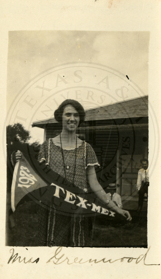 Mira Greenwood with the ‘Tex Mex 1923’ banner.