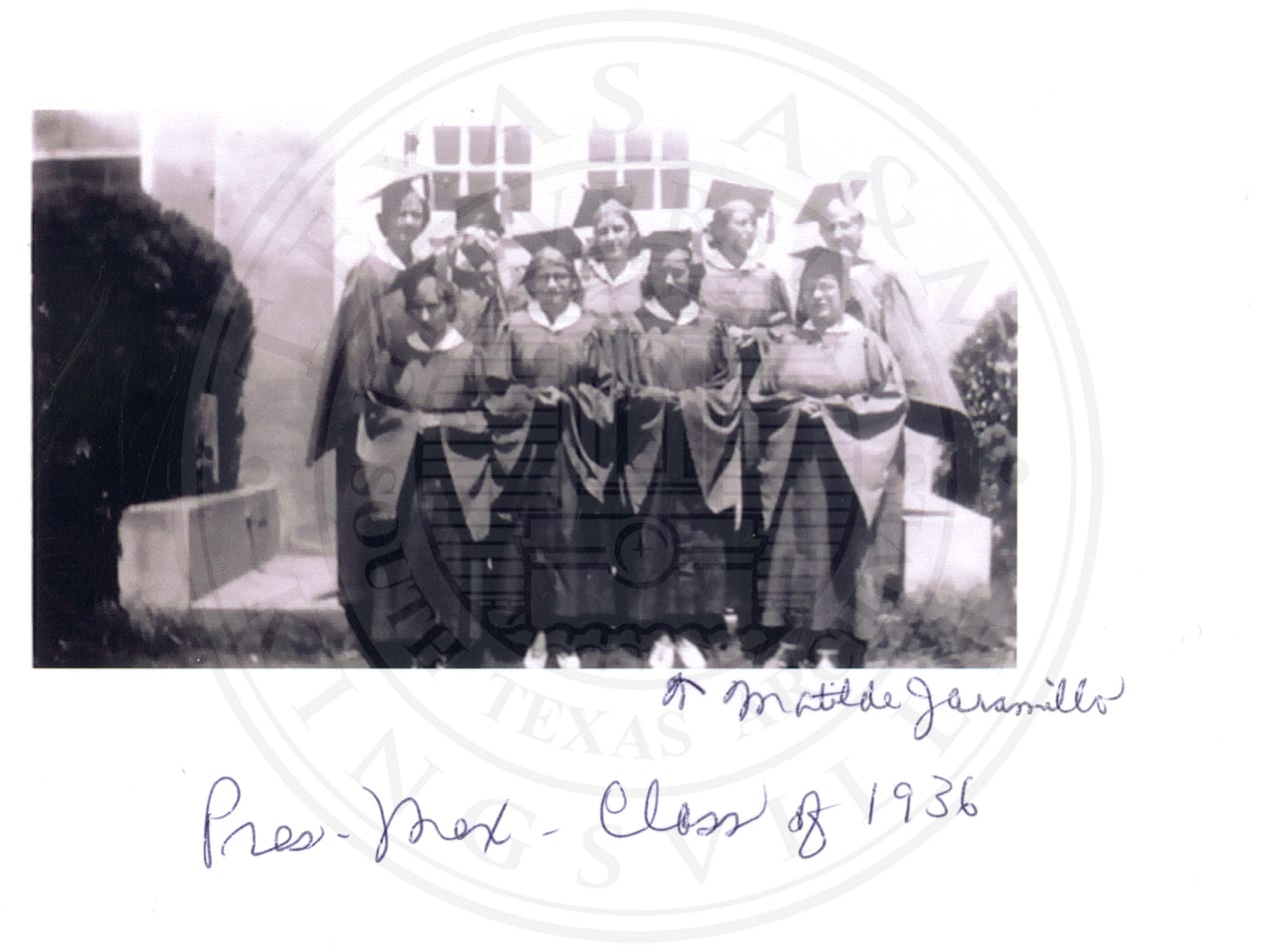 The Class of 1936 in caps and gowns, Matilde Jaramillo among them.