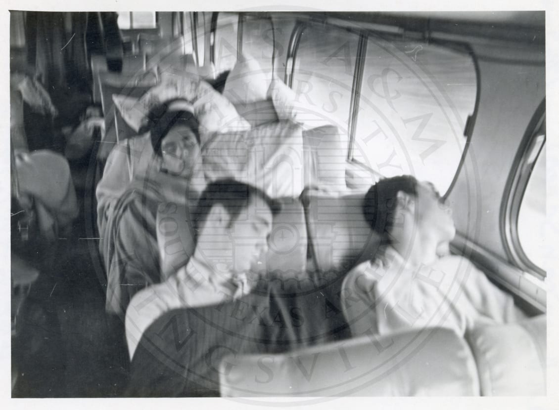 Asleep on the bus, 1965–66.