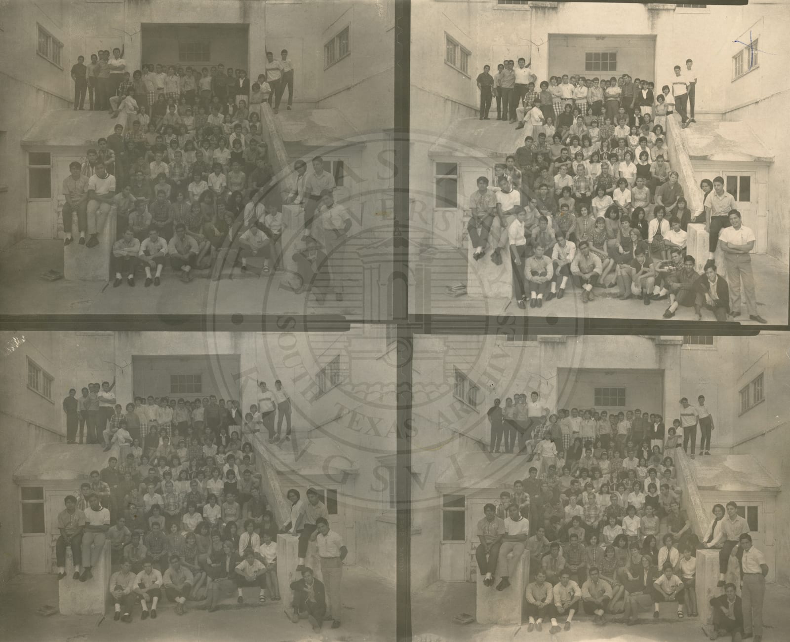 Four photographs of the whole school, 1966–67.