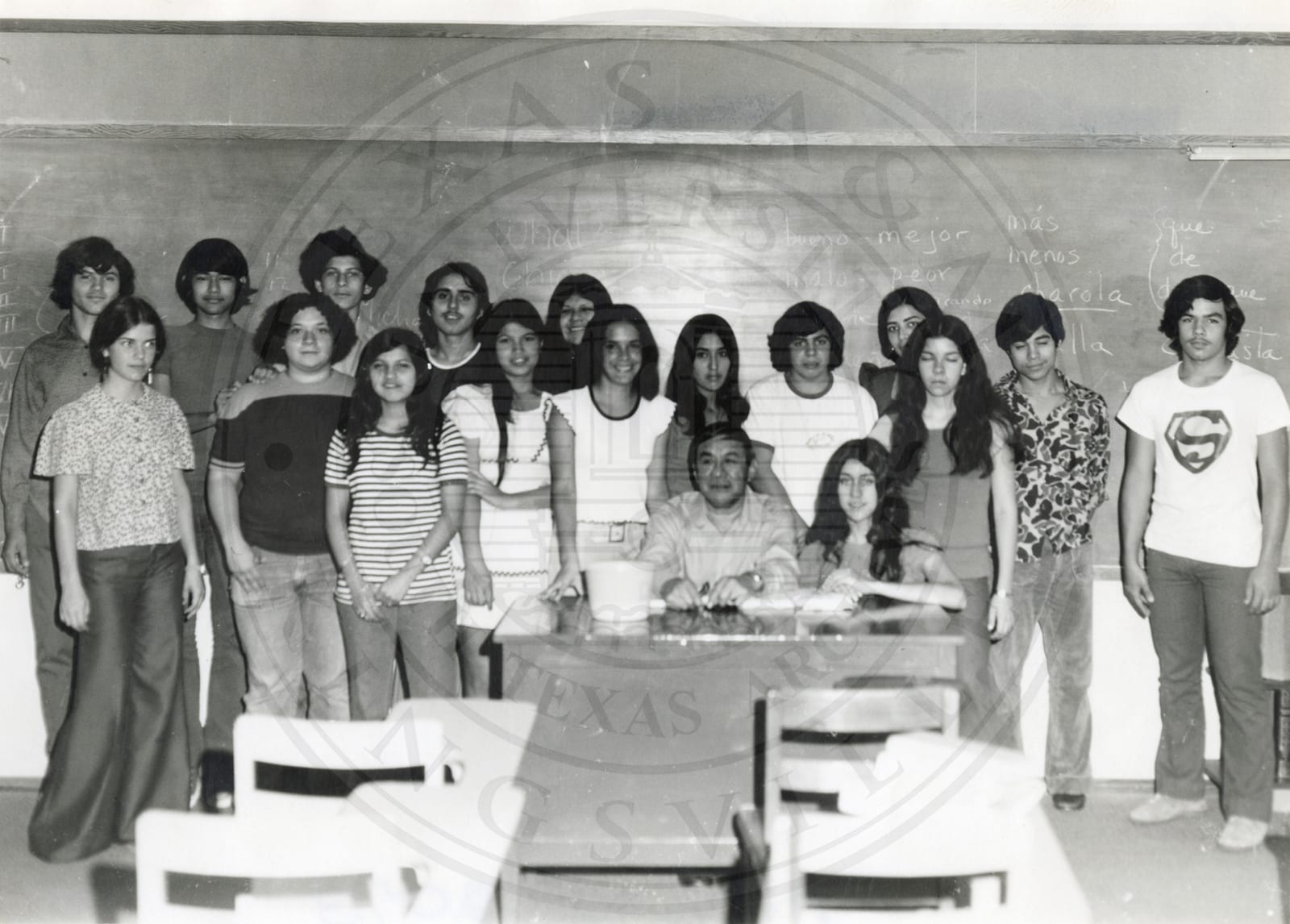 A class gathered around their teacher, 1971–72.