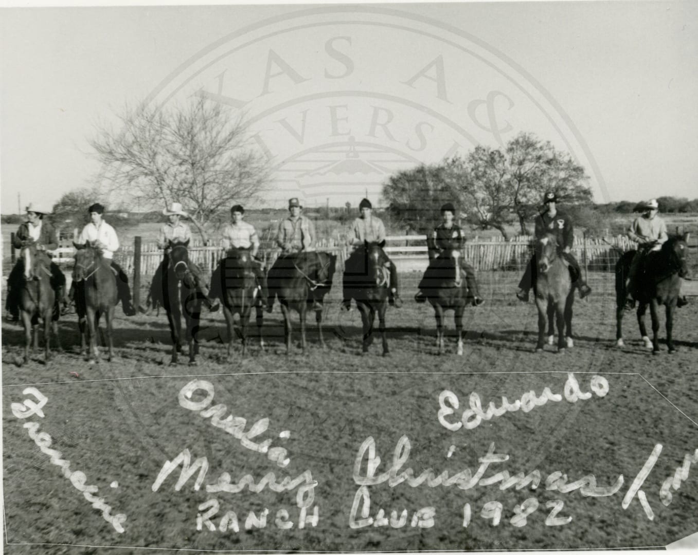 The Farm and Ranch Club on horseback — a Christmas card signed ‘Ranch Club 1982’.