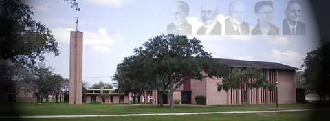 A banner of the campus — the chapel tower and the classroom buildings — with portraits of the school’s early leaders along the top.