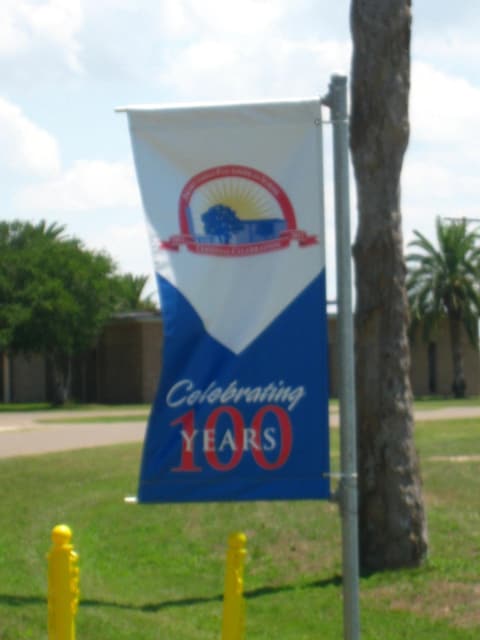 A “Celebrating 100 Years” banner on campus, 2012.