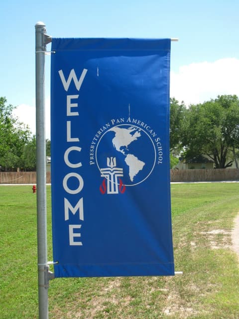 A Presbyterian Pan American School Welcome banner, 2012.