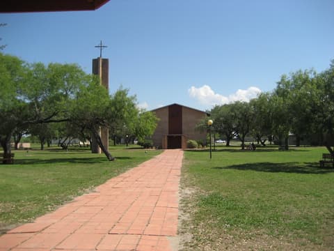The brick walkway to the chapel and its tower, 2012.