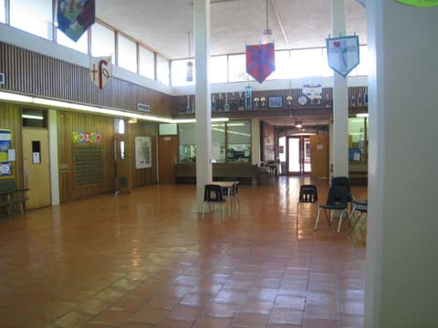 The classroom building’s central hall with its banners, 2012.
