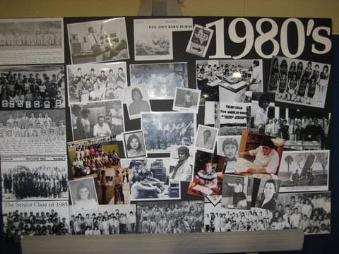 The 1980s history board at the Centennial, with “Pan Am’s barn burns” among the clippings.