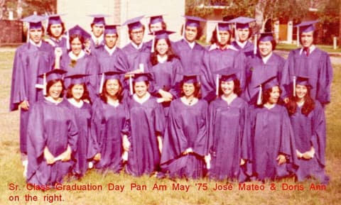 The Class of 1975 in purple caps and gowns on the lawn on graduation day, May 1975; Jose Mateo Pulido and Doris Ann Santiago are on the right, and a classmate names Diana Cantu third from the left in the front row.