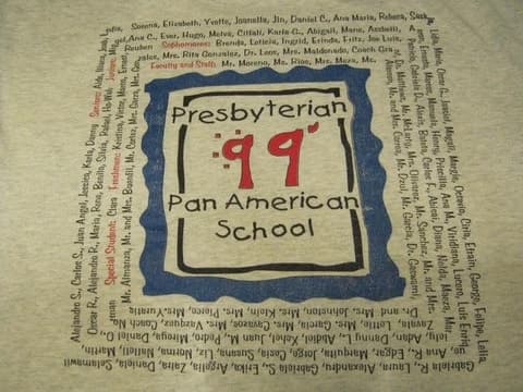 The 1999 school T-shirt, printed with the names of every student, teacher and staff member that year.