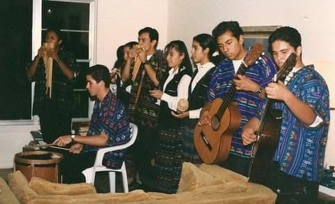 The Andean music group rehearsing with panpipes, guitars and drum, late 1990s — “seriously impressive”, a classmate says.
