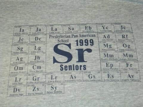 The Class of 1999 senior T-shirt, designed as a periodic table of the class’s names.