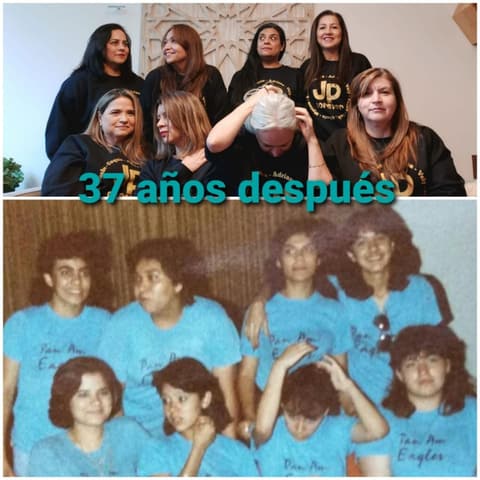 “37 years later”: the same group of girls in their Pan Am Eagles T-shirts in the 1980s and again at their reunion.