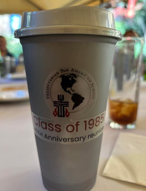 A souvenir cup from the Class of 1985’s 40th-anniversary reunion.