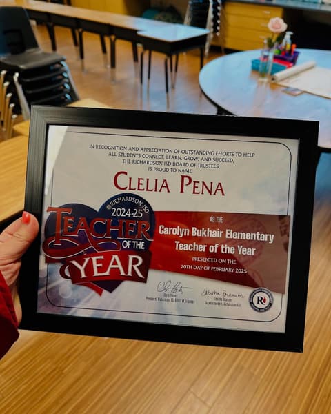 The Teacher of the Year certificate for Clelia Peña (Moreno), Class of 2003.