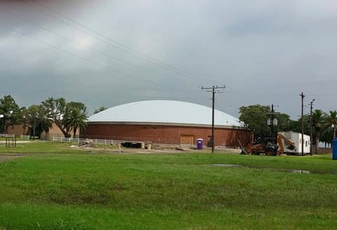 The domed gym and the new Harte Student Center under construction, 2015.