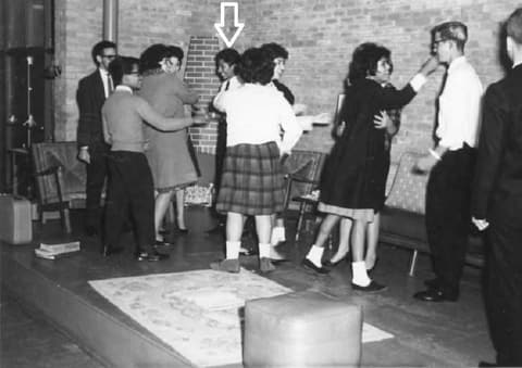 Dancing in the lounge, early 1960s; the poster marks classmate Robert Renobato with an arrow and remembers Steve Gamboa and Jorge Villardel.