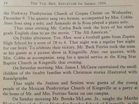 The Tex.-Mex. Reflector for January 1954: the quartet sings in Corpus Christi, and Tex-Mex beats Zapata High School 28 to 6.