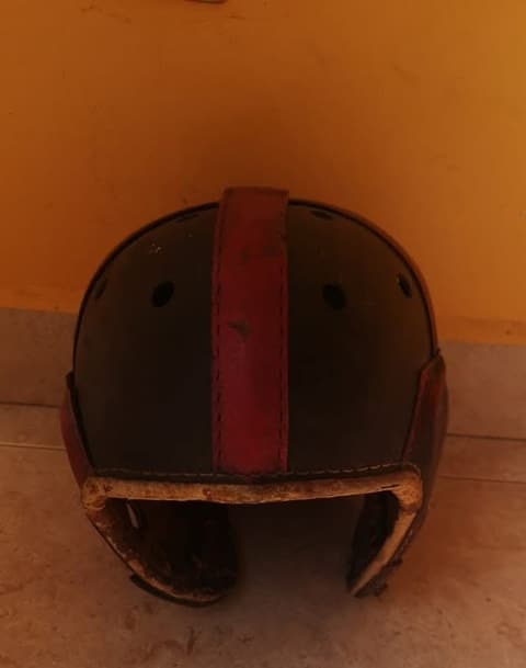 The Tex-Mex-era leather football helmet, front view.