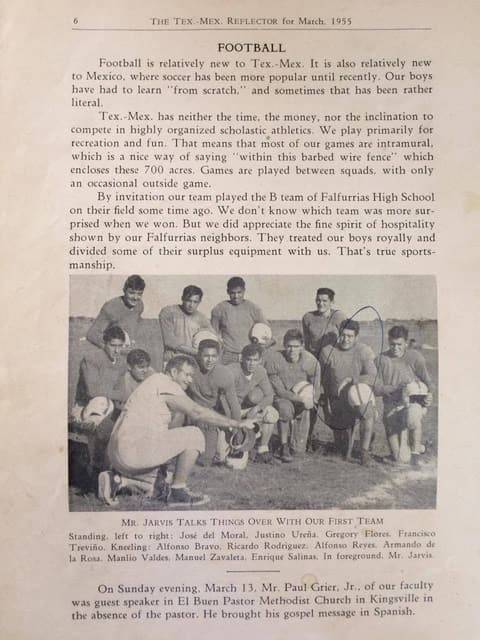 The football page of the Tex.-Mex. Reflector, March 1955: “Mr. Jarvis talks things over with our first team.”