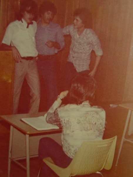 Friends in a classroom in the mid-1970s; the poster remembers Hugo, Sergio Perez and Montemayor as seniors then.