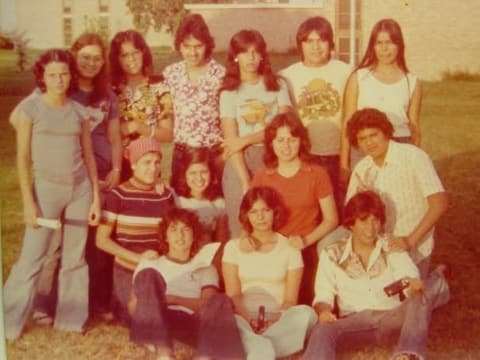 A big group of friends on the lawn, late 1970s.