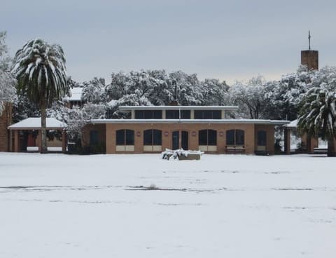 Snow on campus, December 8, 2017 — one of the few times it has snowed at Pan Am.