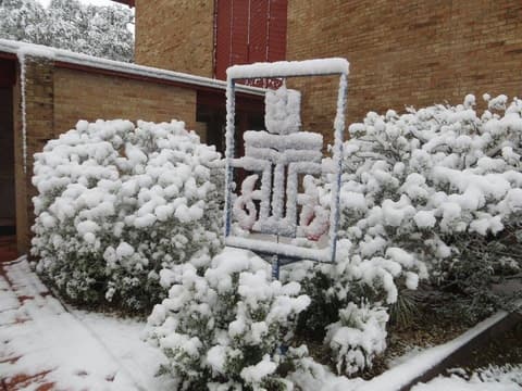 The school emblem sign buried in snow-covered shrubs, December 8, 2017.