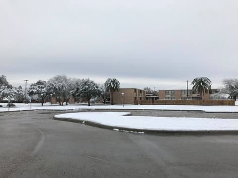Snow on campus, December 8, 2017 — one of the few times it has snowed at Pan Am.