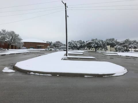 Snow on campus, December 8, 2017 — one of the few times it has snowed at Pan Am.