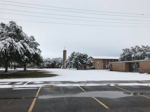 Snow on campus, December 8, 2017 — one of the few times it has snowed at Pan Am.