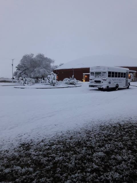 A school bus parked by the snowy lawn, December 8, 2017.