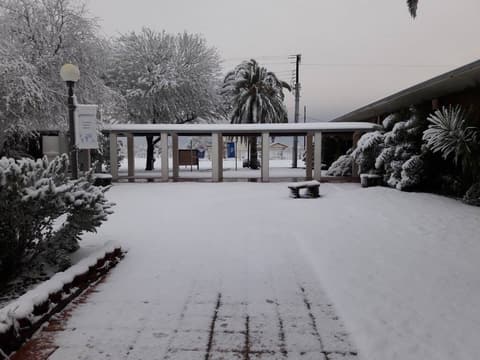 Snow on campus, December 8, 2017 — one of the few times it has snowed at Pan Am.