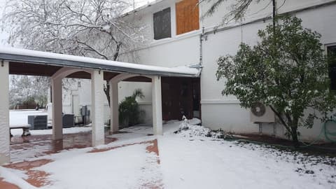 Snow on campus, December 8, 2017 — one of the few times it has snowed at Pan Am.