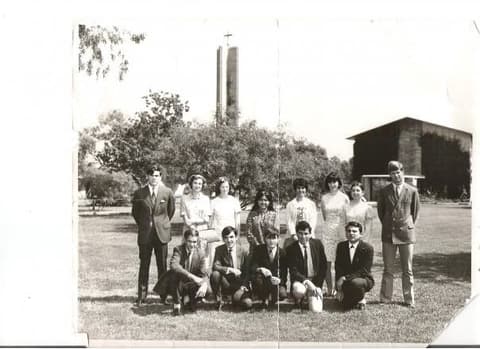 The PPAS Student Council of 1969–70 on the lawn, with the chapel tower behind.