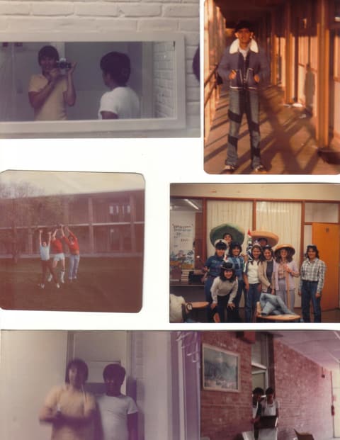Scrapbook snapshots of dorm life and friends, early 1980s.