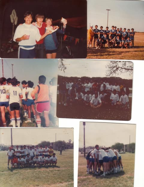 Scrapbook snapshots of the soccer teams and a party, early 1980s.