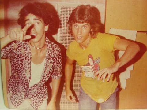 Two friends clowning in the dorm in the late 1970s.