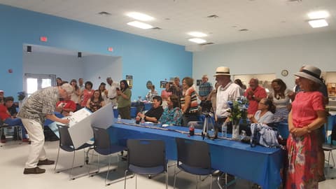Welcome Home, Class of 1969 & 1979! Alumni of the two classes back on campus for their 50th and 40th anniversaries, with lunch, a program, music and a check for the school, summer 2019.