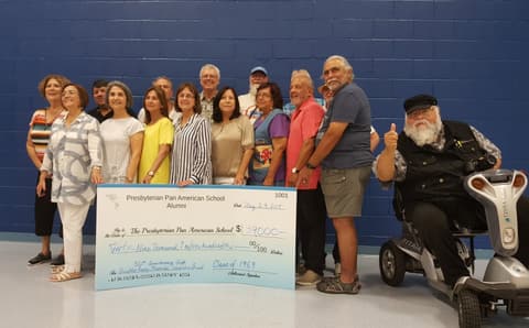 Welcome Home, Class of 1969 & 1979! Alumni of the two classes back on campus for their 50th and 40th anniversaries, with lunch, a program, music and a check for the school, summer 2019.