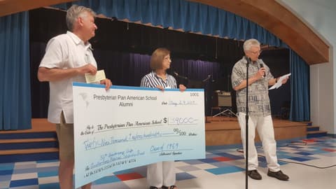 Welcome Home, Class of 1969 & 1979! Alumni of the two classes back on campus for their 50th and 40th anniversaries, with lunch, a program, music and a check for the school, summer 2019.