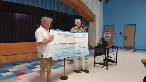Welcome Home, Class of 1969 & 1979! Alumni of the two classes back on campus for their 50th and 40th anniversaries, with lunch, a program, music and a check for the school, summer 2019.