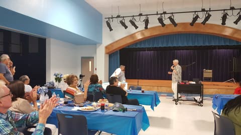 Welcome Home, Class of 1969 & 1979! Alumni of the two classes back on campus for their 50th and 40th anniversaries, with lunch, a program, music and a check for the school, summer 2019.