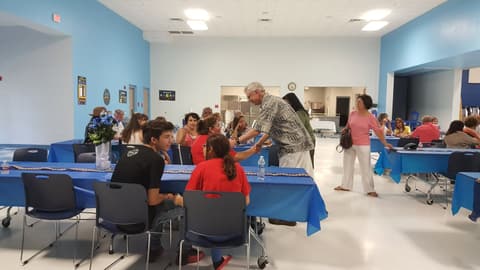 Welcome Home, Class of 1969 & 1979! Alumni of the two classes back on campus for their 50th and 40th anniversaries, with lunch, a program, music and a check for the school, summer 2019.