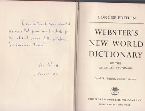 A Webster’s dictionary the staff gave Ernesto Cano E. on 13 December 1956 ‘for the name that proved most suitable for the student paper’; in the comments he recalls it may have been Juntos.