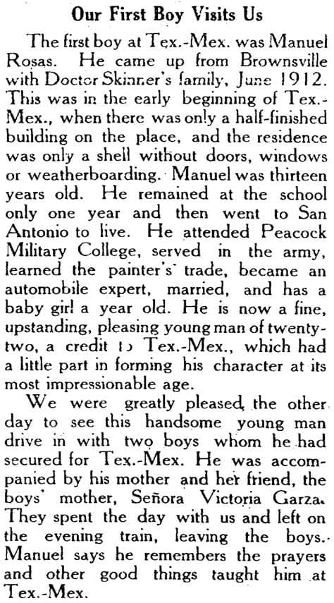 “Our First Boy Visits Us”: a 1921 Tex.-Mex. Reflector article about Manuel Rosas, the first boy at Tex-Mex, who arrived in June 1912 with Dr. Skinner’s family when the building was still a shell.