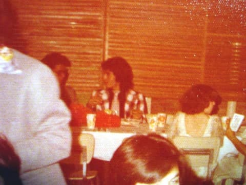 A banquet table in the decorated dining hall.