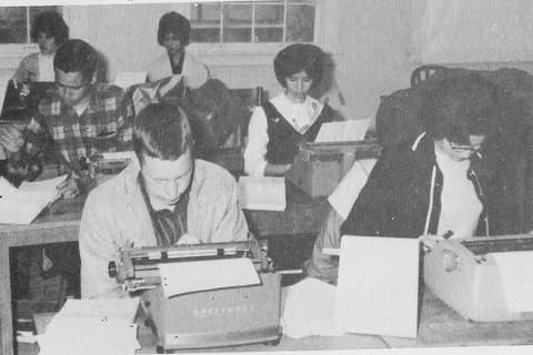 Ninth-grade typing class: Gary McGill, Hope Loya, Joel Rugerio, Lucy Solis (Torres), Imelda Garcia and Lydia Serrata — typing to a tune none of them could ever name.