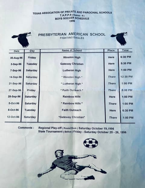 The Fighting Eagles’ 1996 boys’ soccer schedule for the TAPPS season.